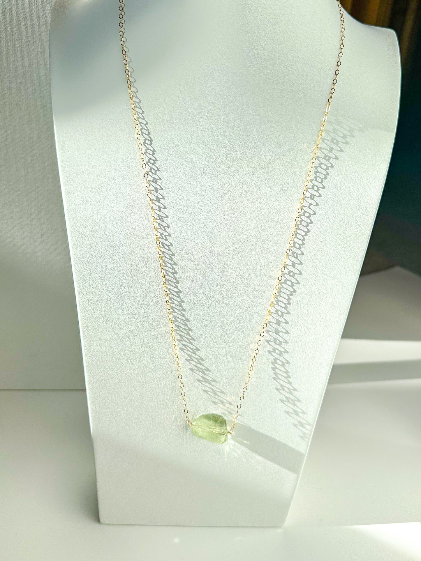 Green Amethyst on Gold Long Chain