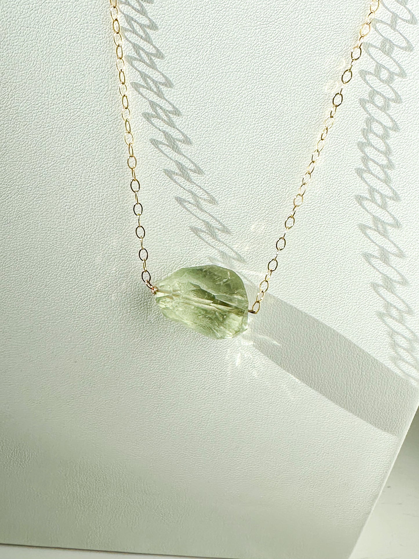 Green Amethyst on Gold Long Chain