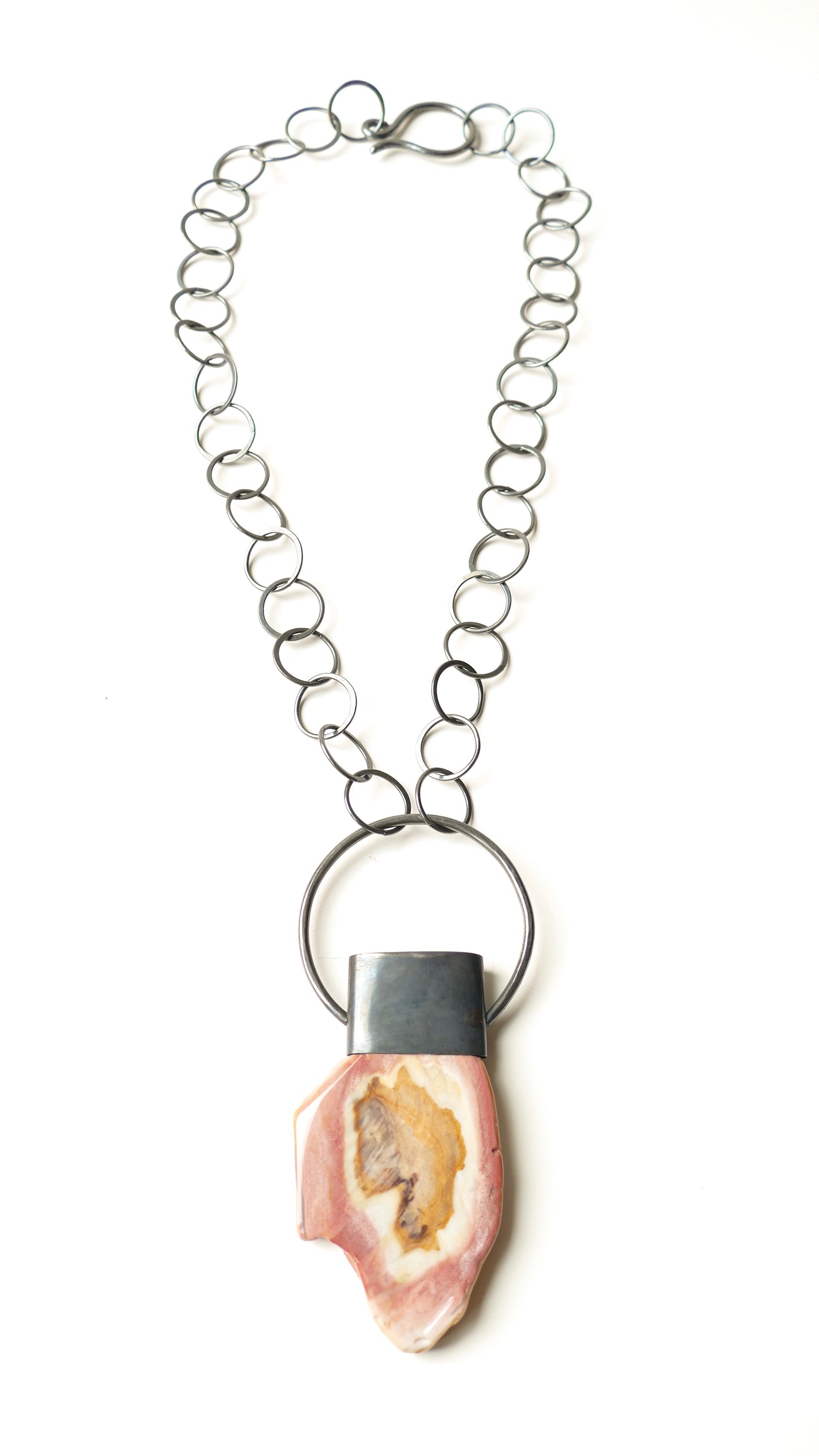 Blackened Silver Pink Agate Statement Necklace